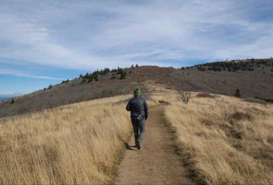 Hiker walking through a dry field on a sunny day